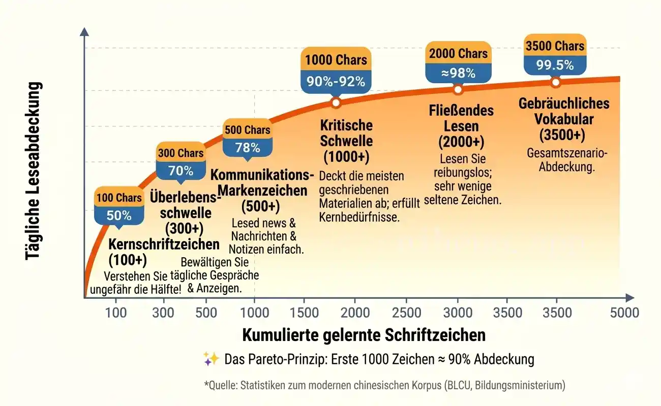 Graph showing the logarithmic learning curve of Chinese characters: first 1,000 characters reach 90% coverage, after 3,500 characters the curve flattens